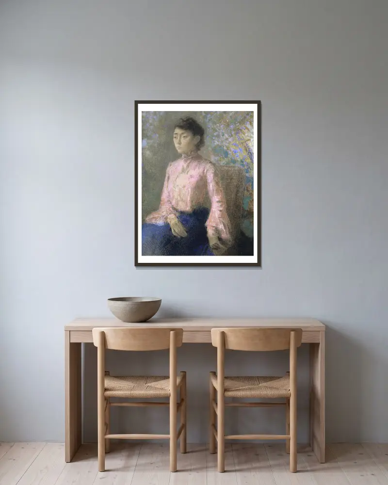 Portrait of Miss Jeanne Chaîne av Odilon Redon inramad på en vägg