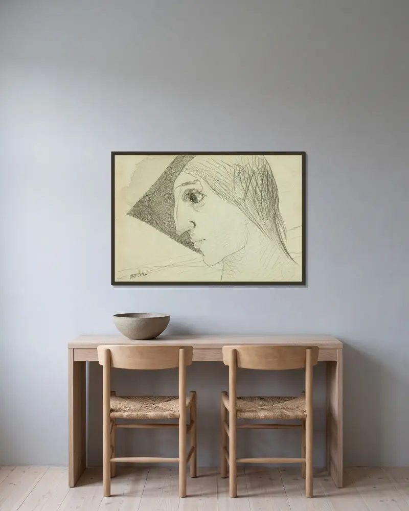 Profil symboliste ou la Folie av Odilon Redon inramad på en vägg