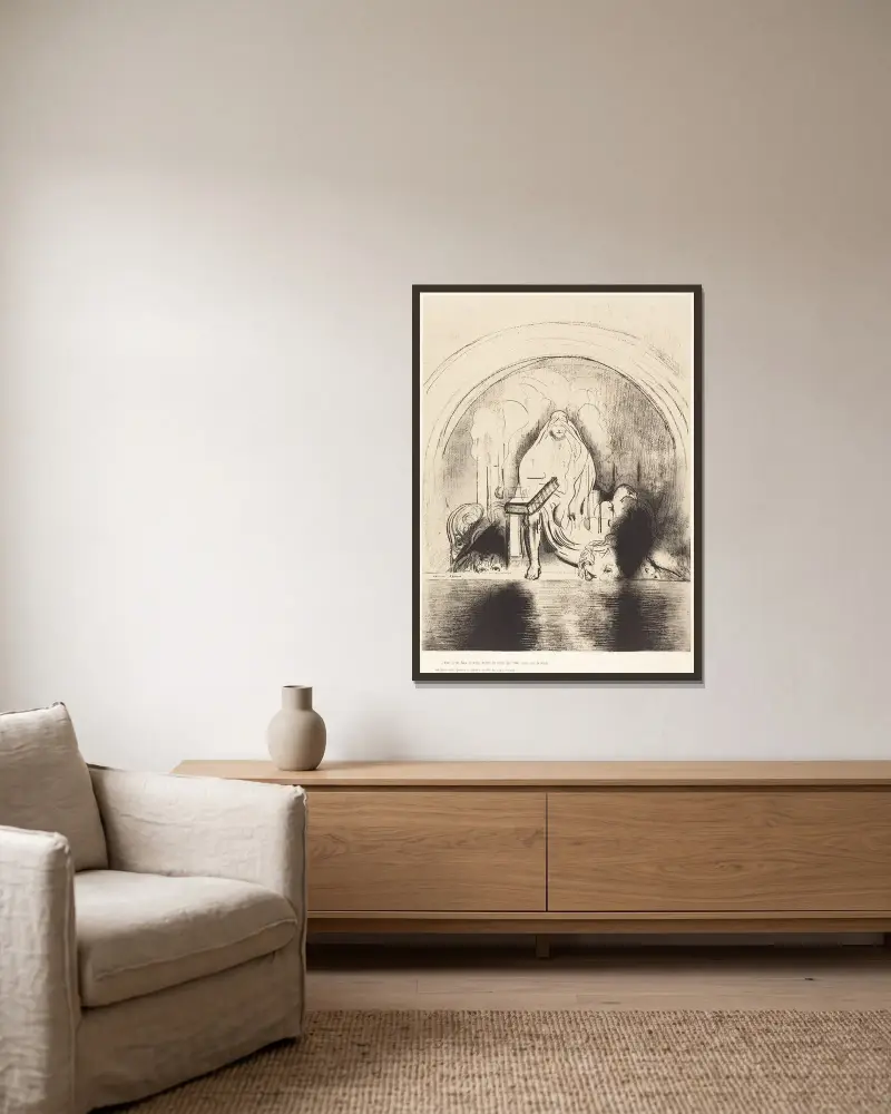 Puis je vis, dans la main droite de celui quietait assis sur le trone, un livre ecritdedans et dehors, scelle de sept sceaux av Odilon Redon inramad på en vägg