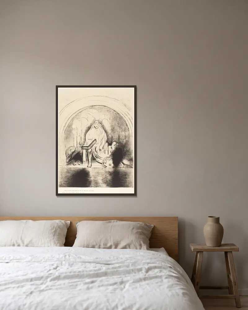 Puis je vis, dans la main droite de celui quietait assis sur le trone, un livre ecritdedans et dehors, scelle de sept sceaux av Odilon Redon inramad på en vägg