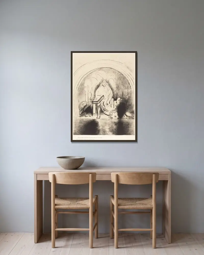 Puis je vis, dans la main droite de celui quietait assis sur le trone, un livre ecritdedans et dehors, scelle de sept sceaux av Odilon Redon inramad på en vägg