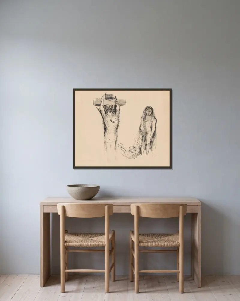 Der heilige Antonius und die zwei Versucherinnen von Odilon Redon gerahmt an einer Wand