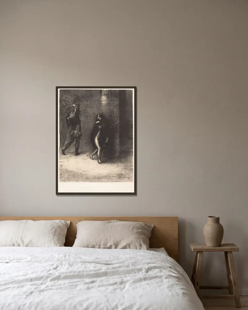 Saint-Antoine…A travers ses longs cheveux qui lui couvraient la figure, j’ai cru reconnaitre Ammonaria av Odilon Redon inramad på en vägg