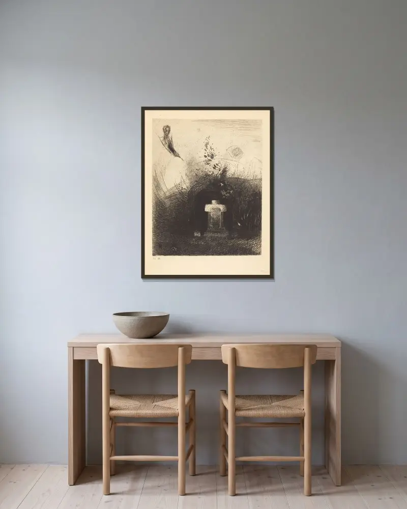 Om en tung och mörk natt en god kristen av barmhärtighet bakom något gammalt bråte begraver er krökta kropp av Odilon Redon inramad på en vägg