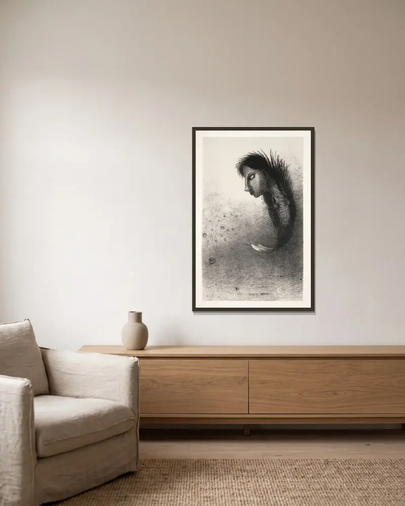 Then There Appears a Singular Being, Having the Head of a Man on the Body of a Fish av Odilon Redon inramad på en vägg