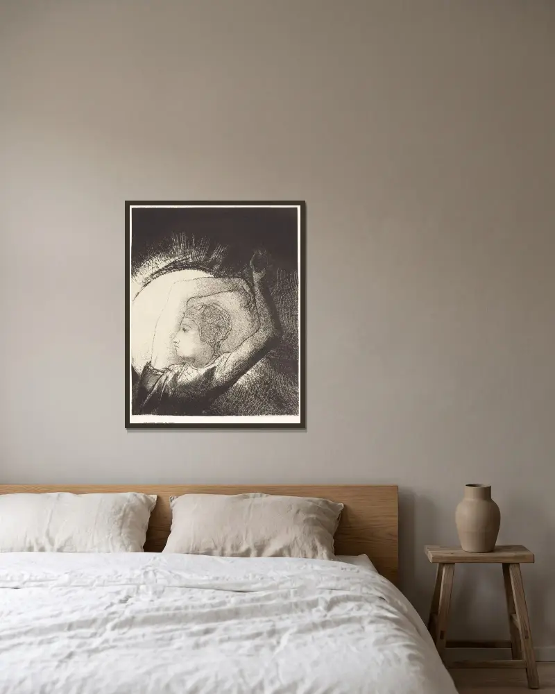 En kvinna klädd i solen av Odilon Redon inramad på en vägg