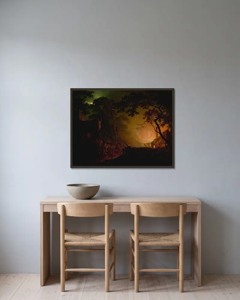 En stuga i brand om natten av Joseph Wright of Derby inramad på en vägg