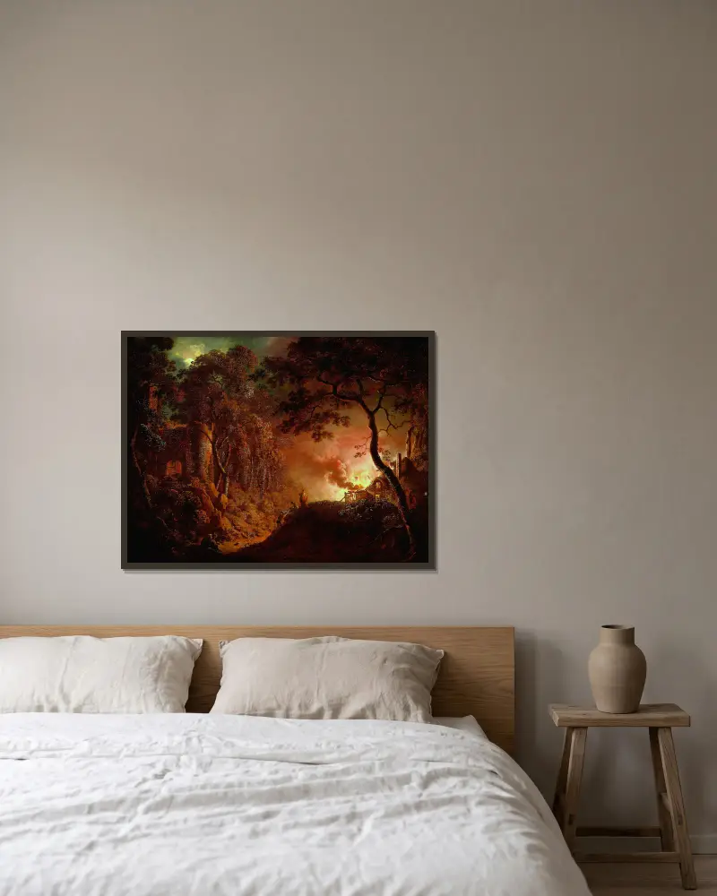 Bauernhof in Flammen von Joseph Wright of Derby gerahmt an einer Wand