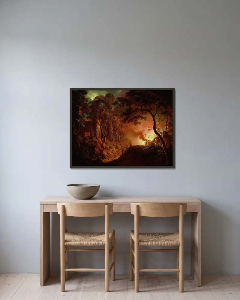 Bauernhof in Flammen von Joseph Wright of Derby gerahmt an einer Wand