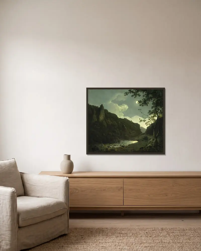 Dovedale i månsken av Joseph Wright of Derby inramad på en vägg