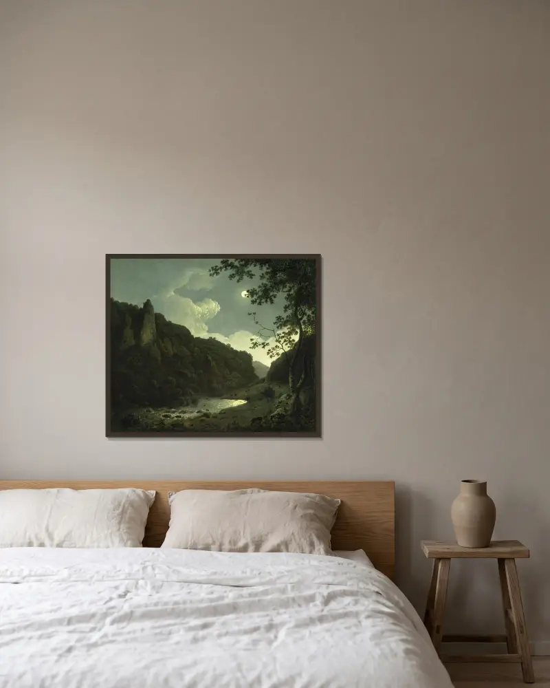 Dovedale i månsken av Joseph Wright of Derby inramad på en vägg
