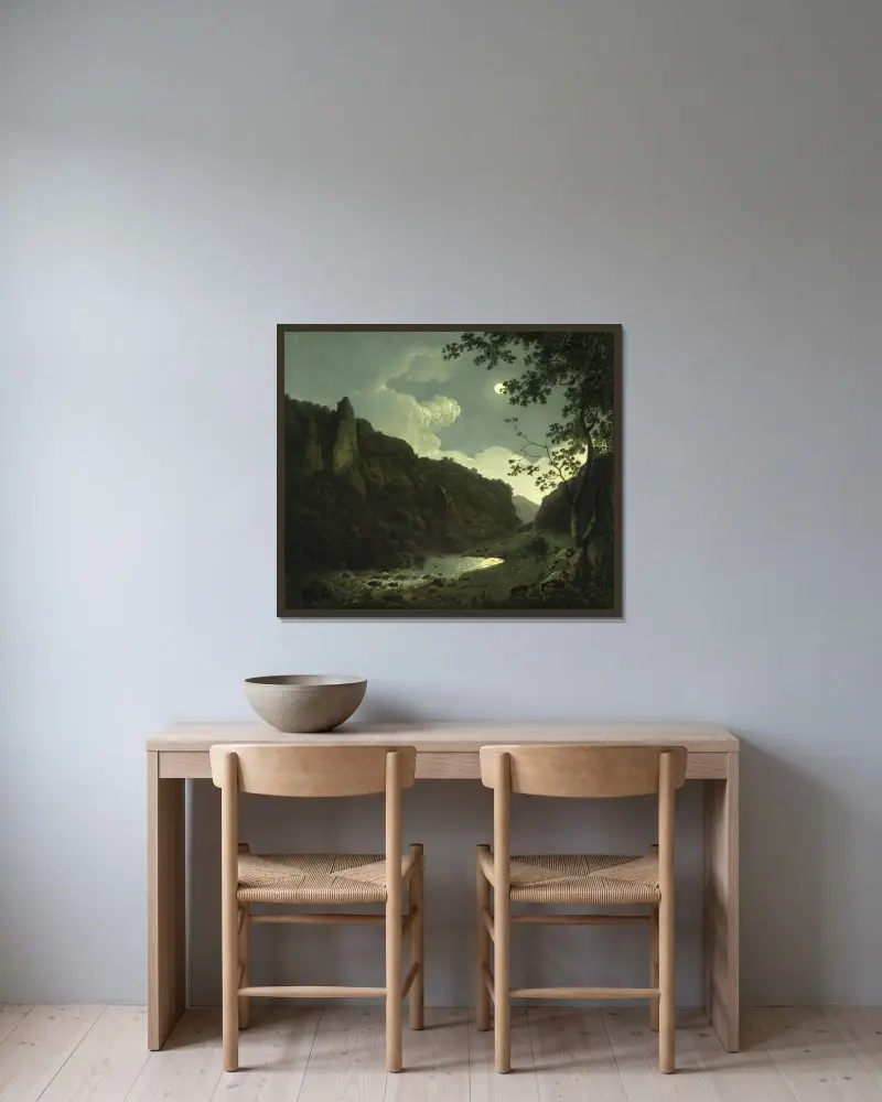 Dovedale i månsken av Joseph Wright of Derby inramad på en vägg