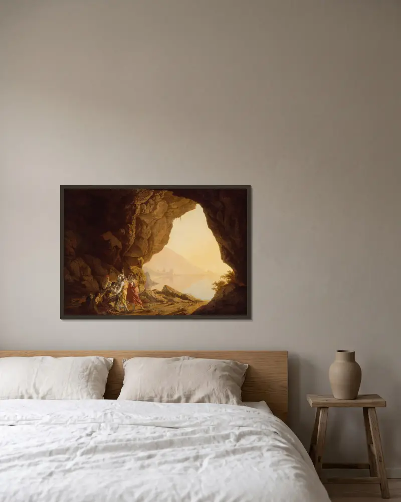 Grotto by the Seaside in the Kingdom of Naples with Banditti, Sunset av Joseph Wright of Derby inramad på en vägg