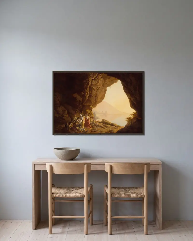 Grotto by the Seaside in the Kingdom of Naples with Banditti, Sunset av Joseph Wright of Derby inramad på en vägg