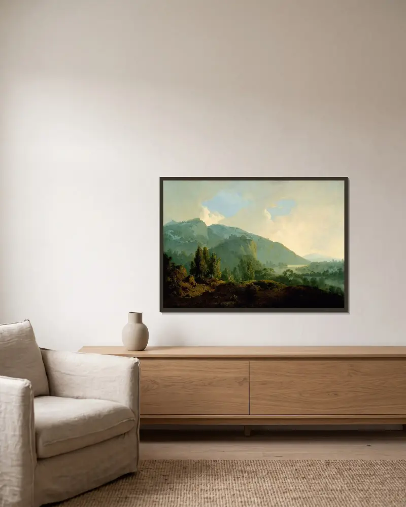 Italienskt landskap med berg och flod av Joseph Wright of Derby inramad på en vägg