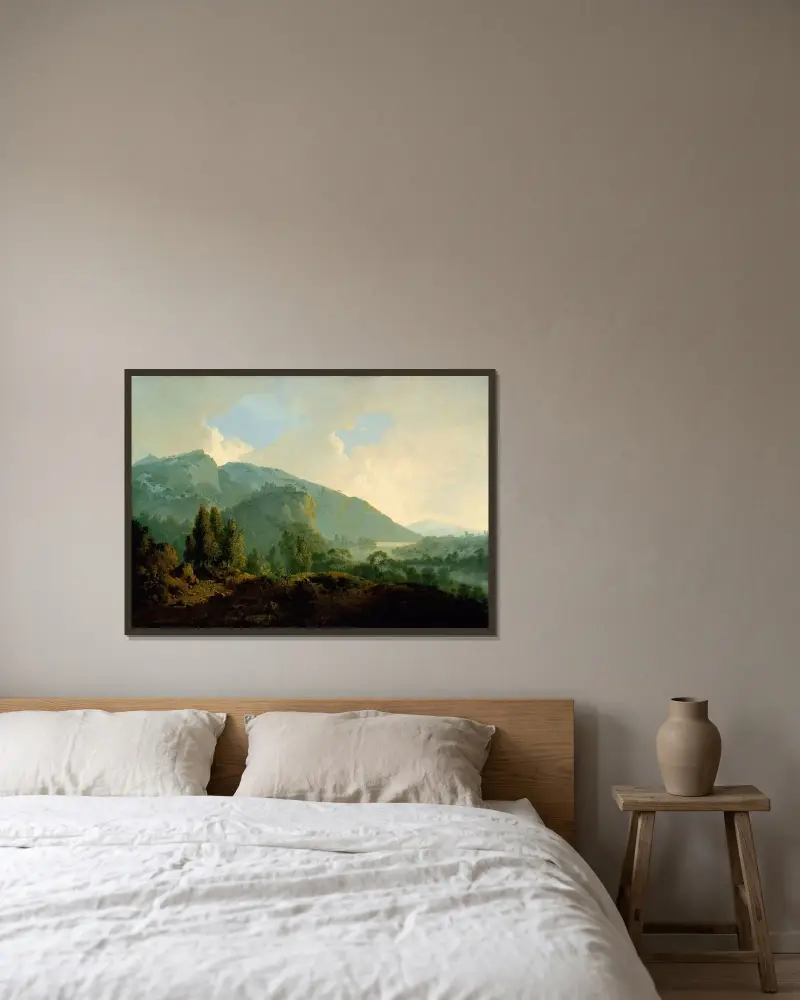 Italienskt landskap med berg och flod av Joseph Wright of Derby inramad på en vägg