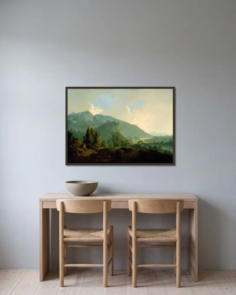 Italienskt landskap med berg och flod av Joseph Wright of Derby inramad på en vägg