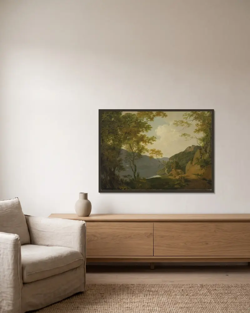 Sjölandskap av Joseph Wright of Derby inramad på en vägg