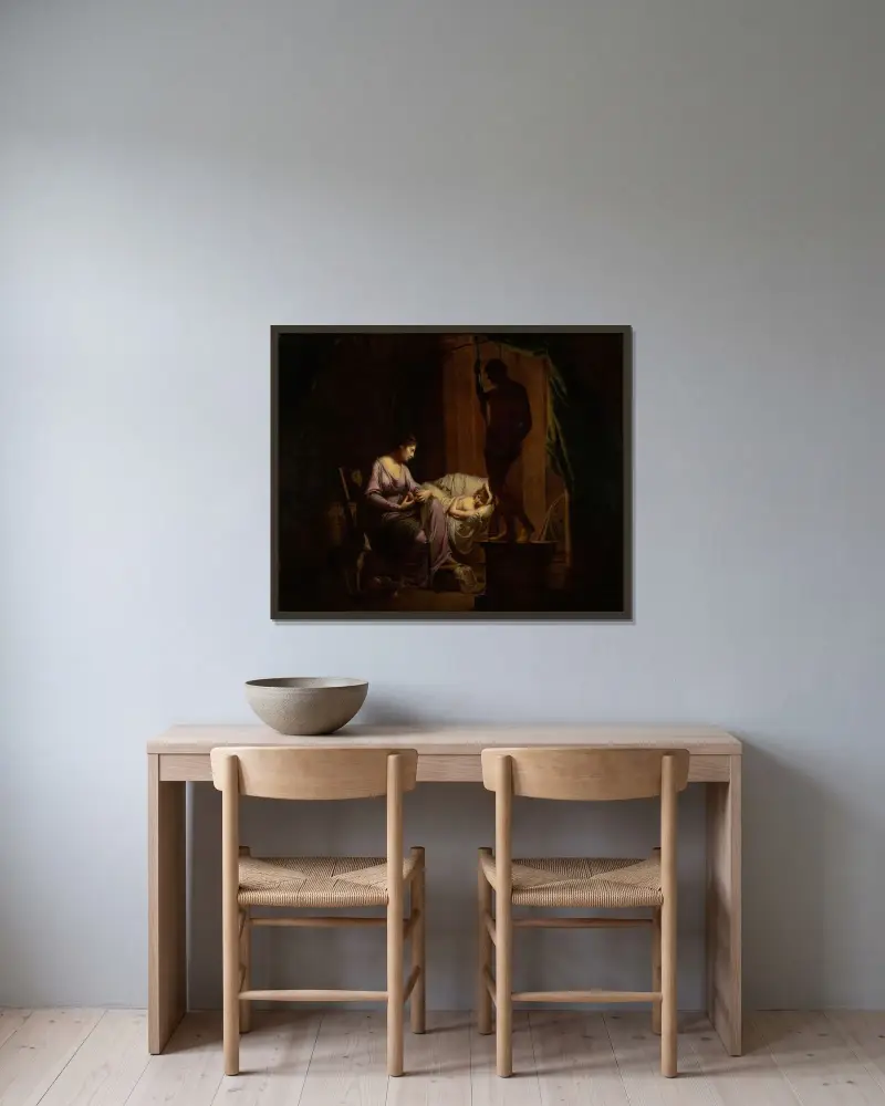 Penelope löser upp sitt vävstycke av Joseph Wright of Derby inramad på en vägg