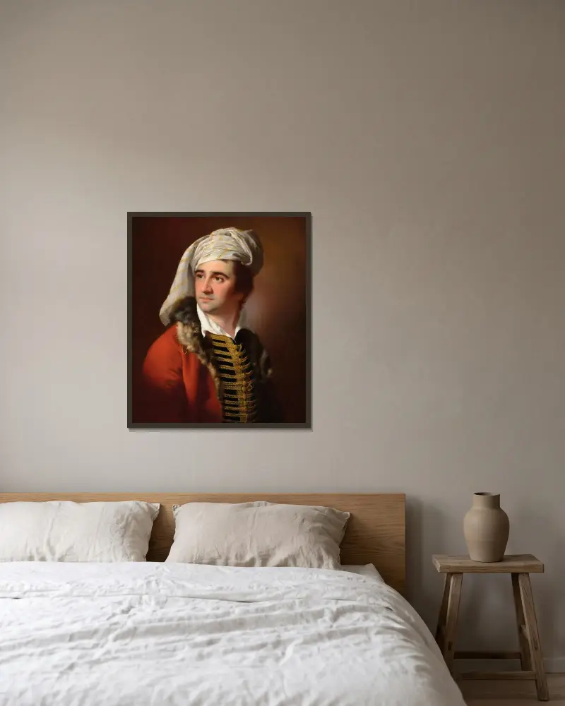 Porträtt av en herre i röd pälsbrämad rock av Joseph Wright of Derby inramad på en vägg
