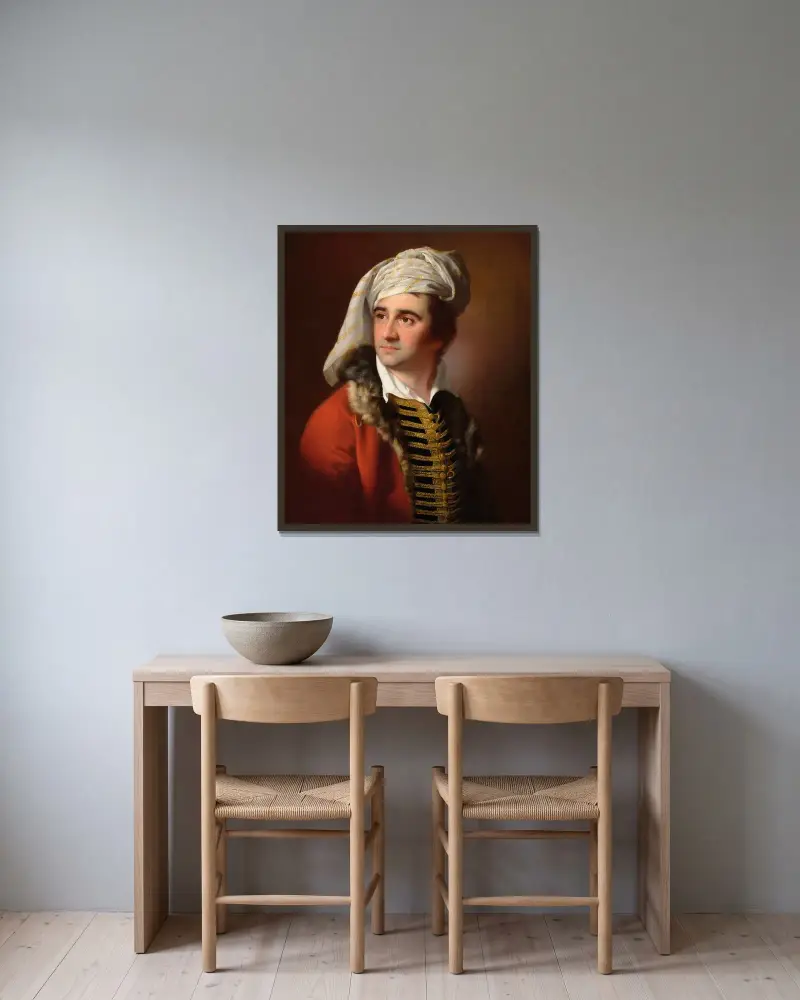Porträtt av en herre i röd pälsbrämad rock av Joseph Wright of Derby inramad på en vägg