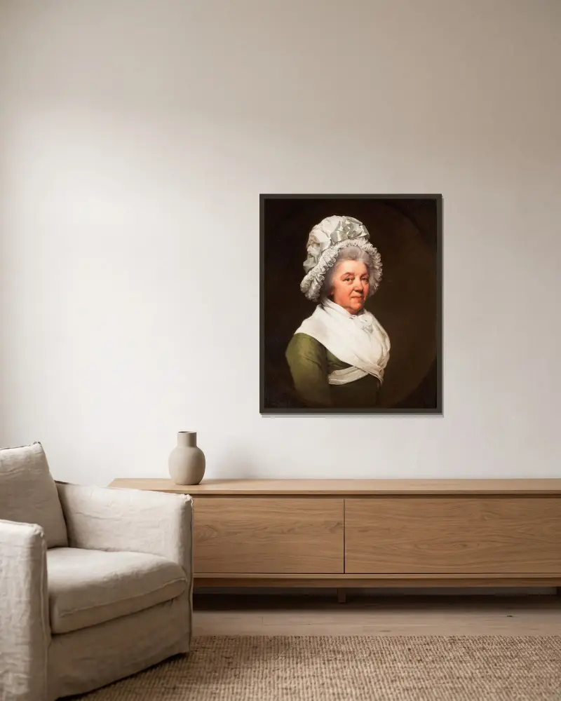 Porträtt av Mrs. Anthony Greatorex av Joseph Wright of Derby inramad på en vägg