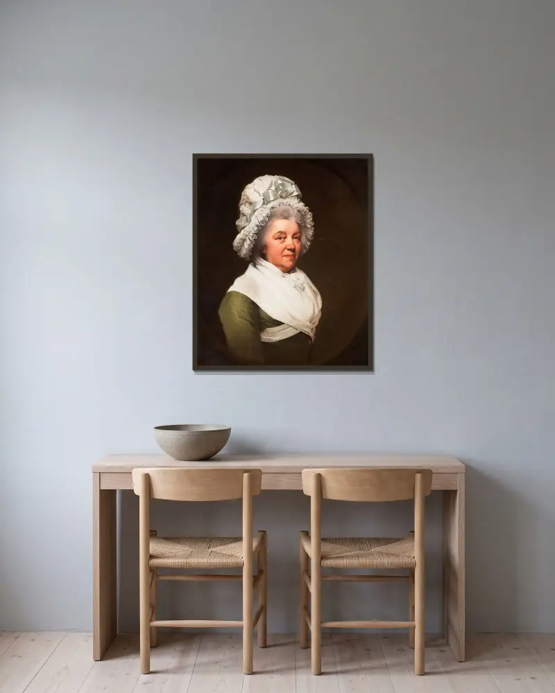 Porträtt av Mrs. Anthony Greatorex av Joseph Wright of Derby inramad på en vägg