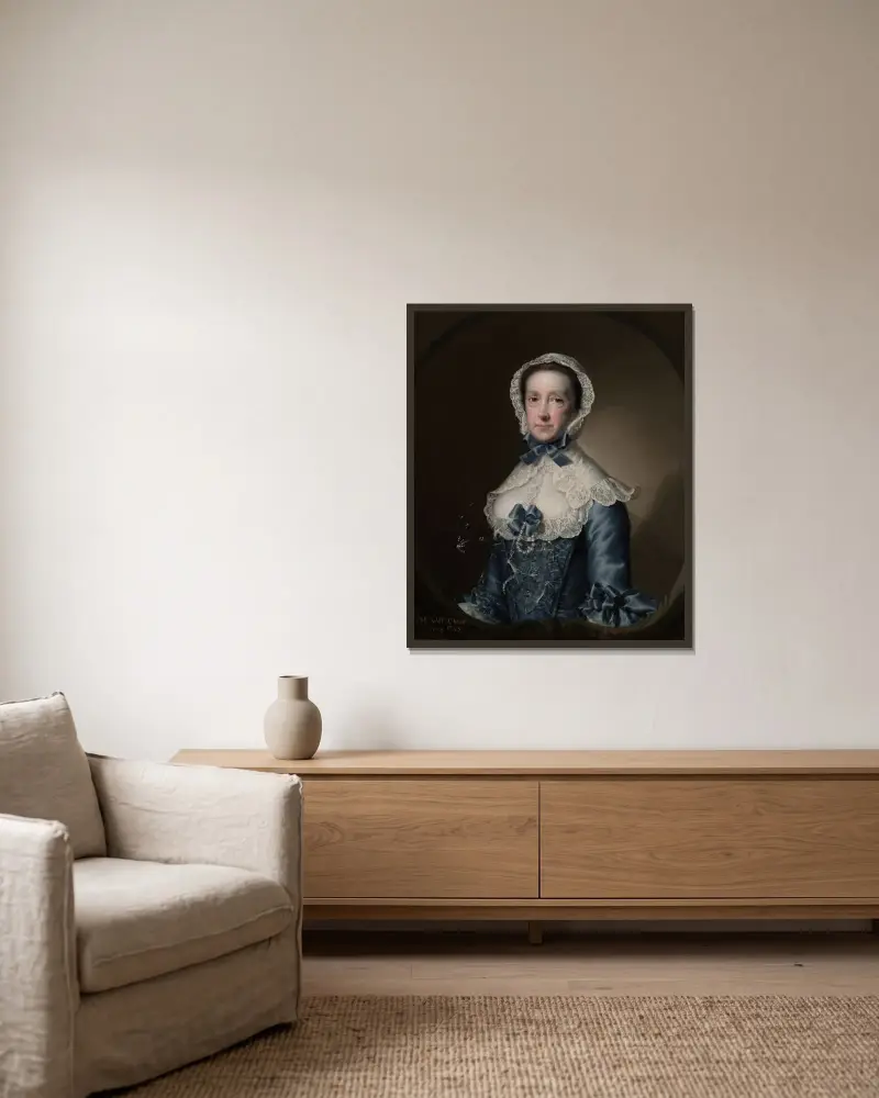 Porträtt av Mrs. William Chase, Sr. av Joseph Wright of Derby inramad på en vägg