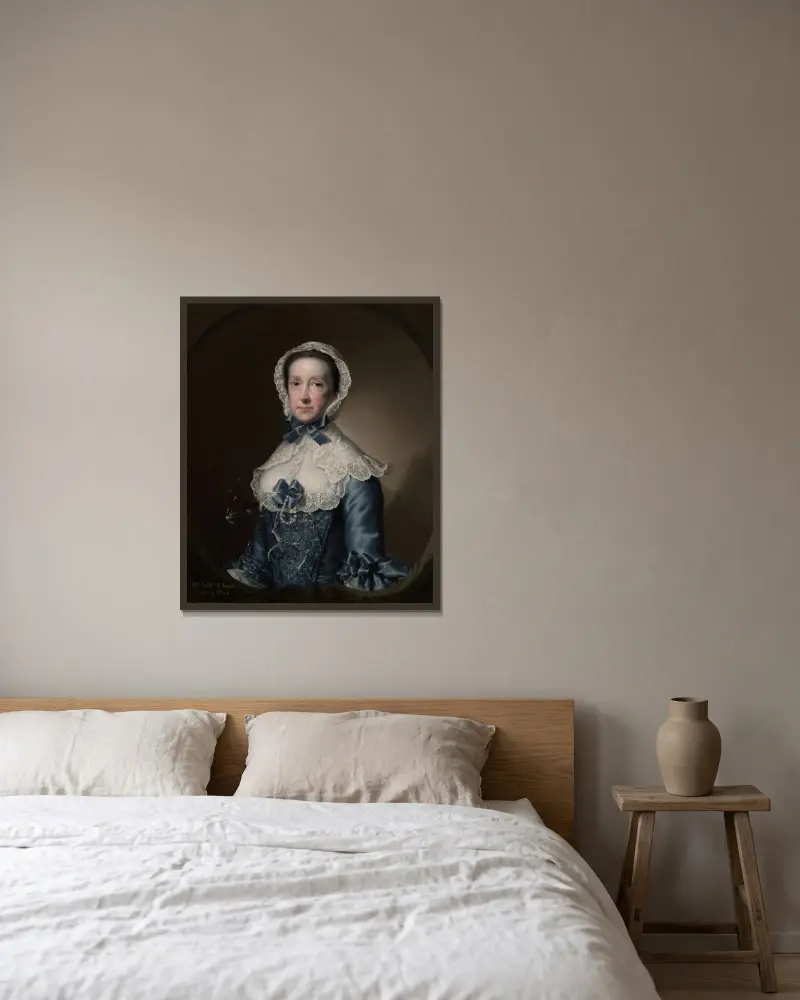 Porträtt av Mrs. William Chase, Sr. av Joseph Wright of Derby inramad på en vägg