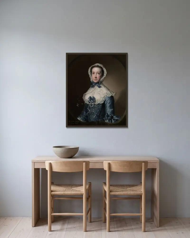 Porträtt av Mrs. William Chase, Sr. av Joseph Wright of Derby inramad på en vägg