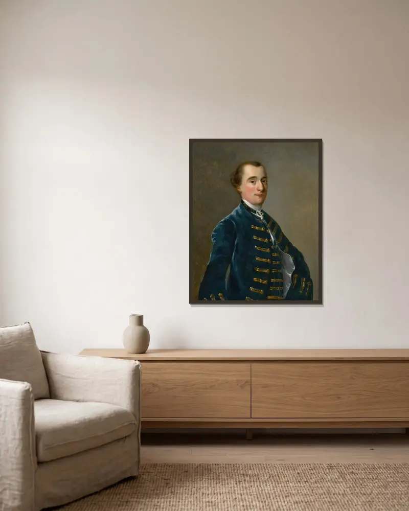 Porträtt av Sampson Copestake från Kirk Langley av Joseph Wright of Derby inramad på en vägg