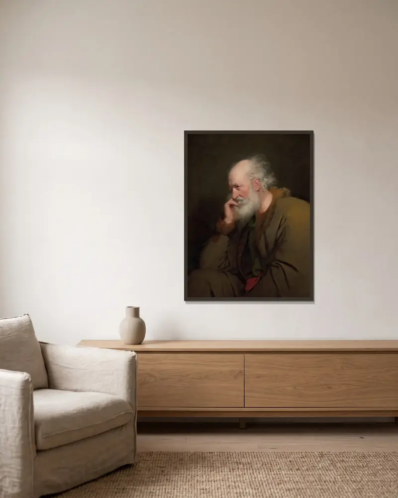Study of an old man av Joseph Wright of Derby inramad på en vägg