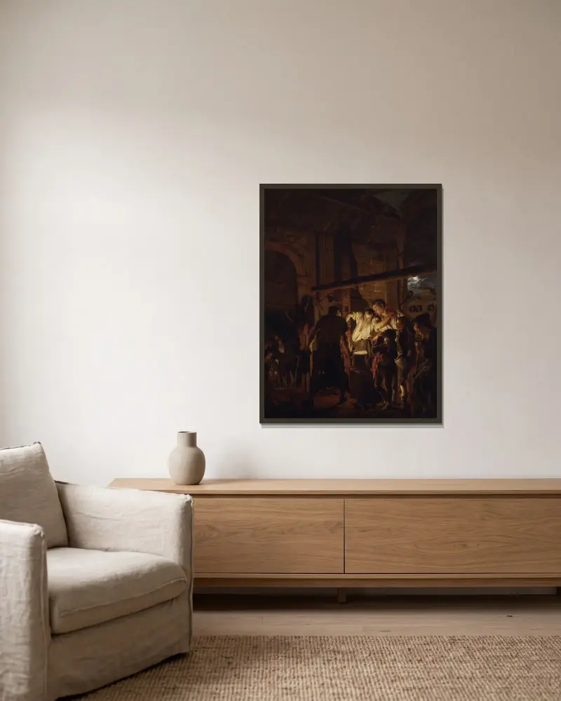 Die Schmiede von Joseph Wright of Derby gerahmt an einer Wand