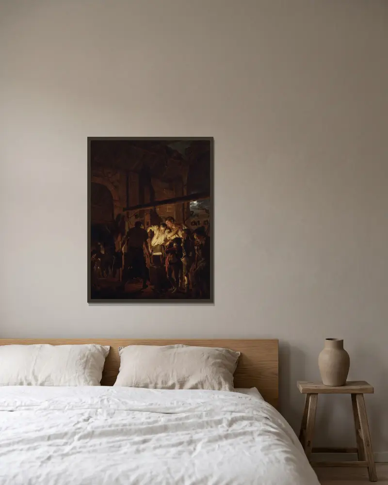 Die Schmiede von Joseph Wright of Derby gerahmt an einer Wand