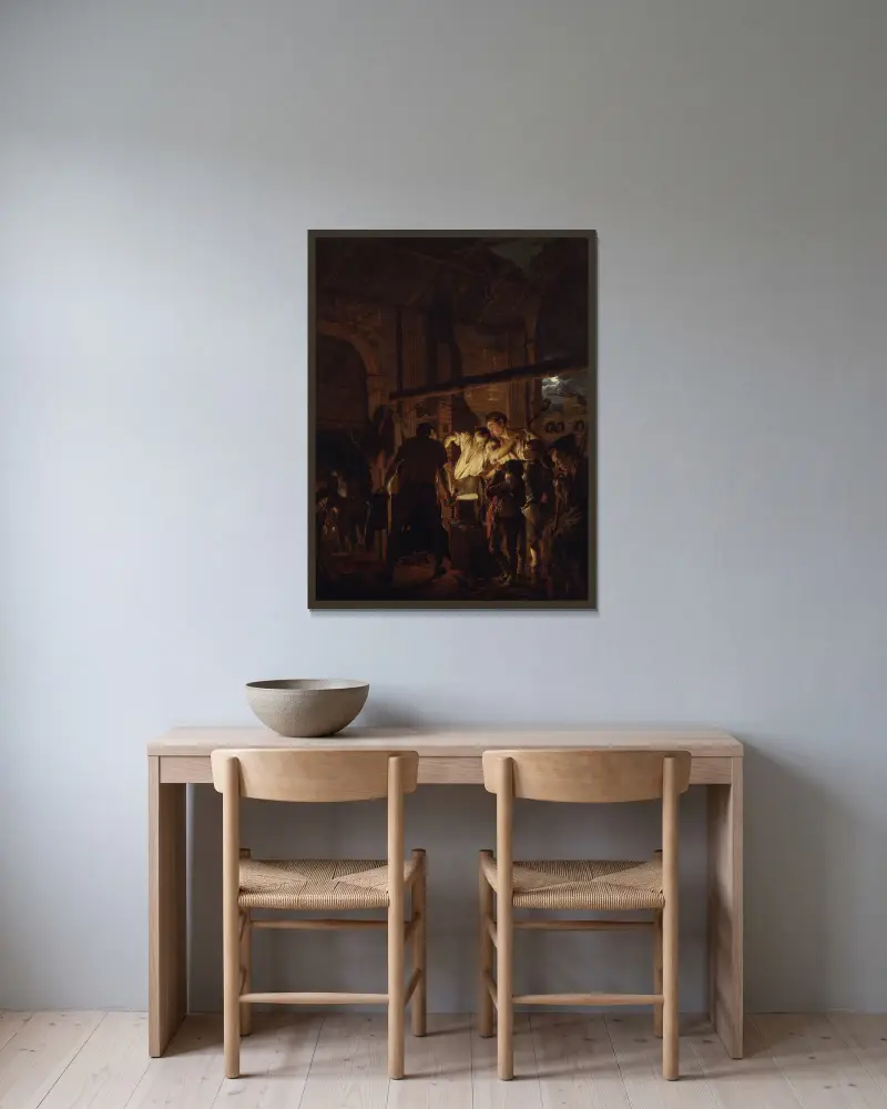 Die Schmiede von Joseph Wright of Derby gerahmt an einer Wand