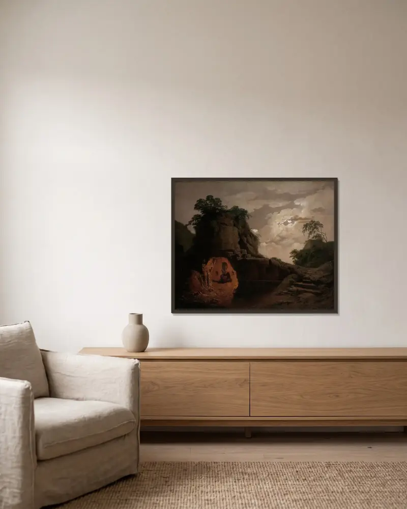 Vergils Grab im Mondlicht, mit deklamierendem Silius Italicus von Joseph Wright of Derby gerahmt an einer Wand