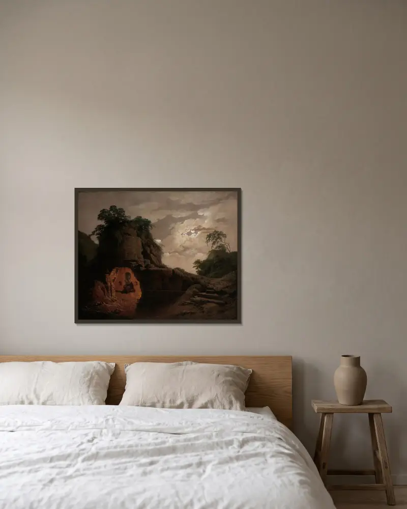 Vergils Grab im Mondlicht, mit deklamierendem Silius Italicus von Joseph Wright of Derby gerahmt an einer Wand