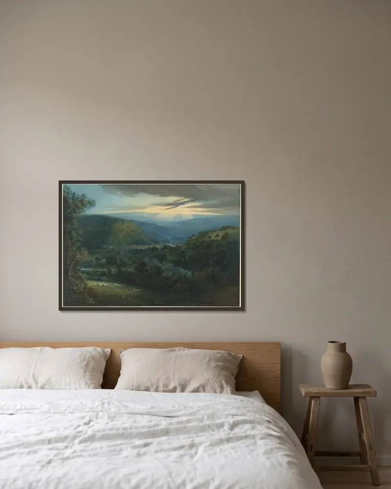 Dawn in the Valleys of Devon av William Turner of Oxford inramad på en vägg