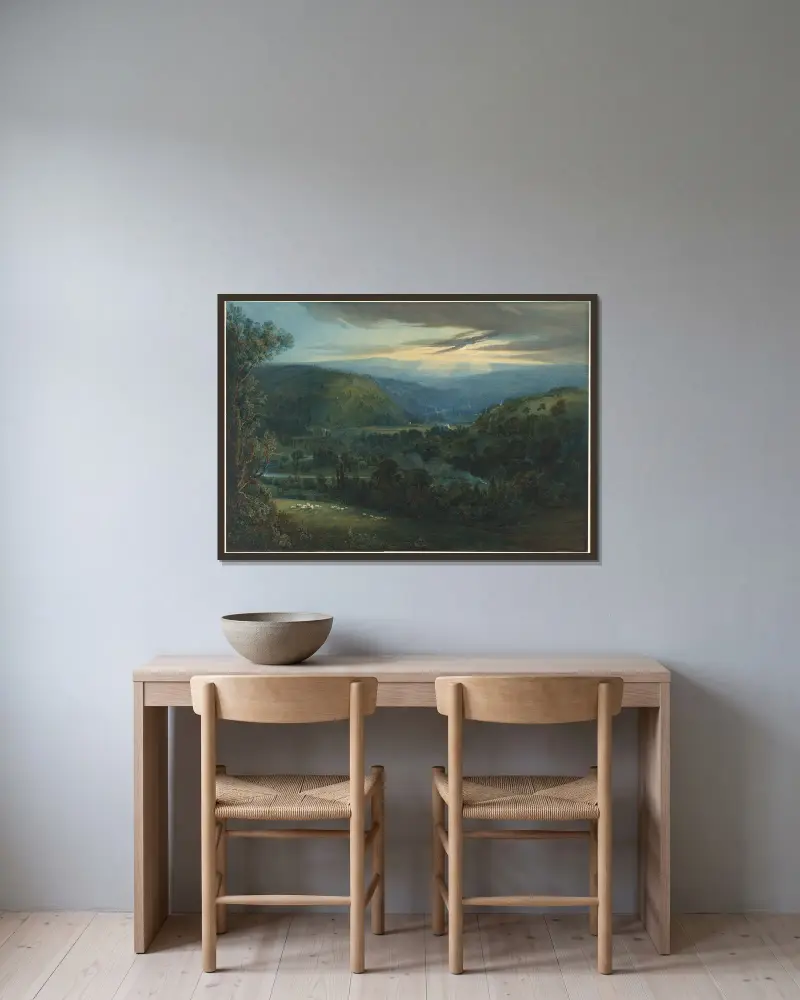 Dawn in the Valleys of Devon av William Turner of Oxford inramad på en vägg