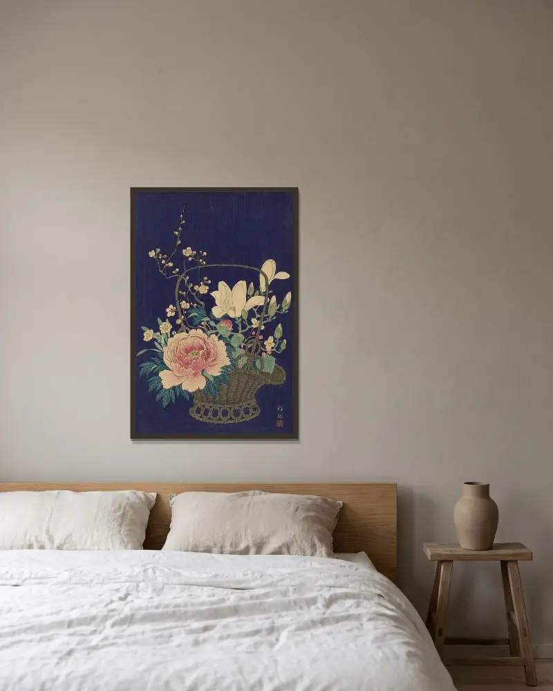 Bambusový květináč, Ohara Koson v rámu na stěně
