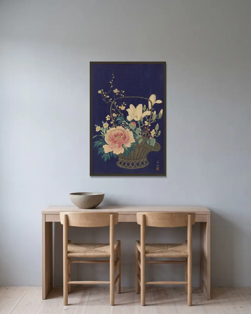 Bambusový květináč, Ohara Koson v rámu na stěně