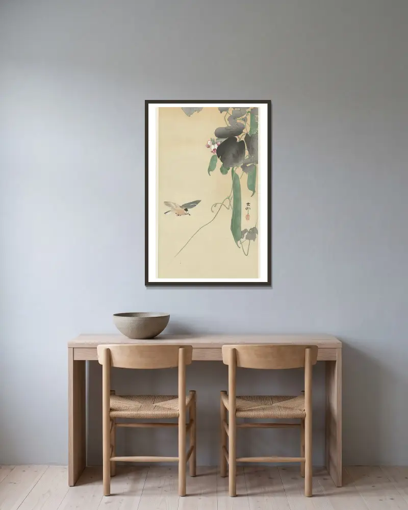 Bird at flowering bean plant av Ohara Koson inramad på en vägg