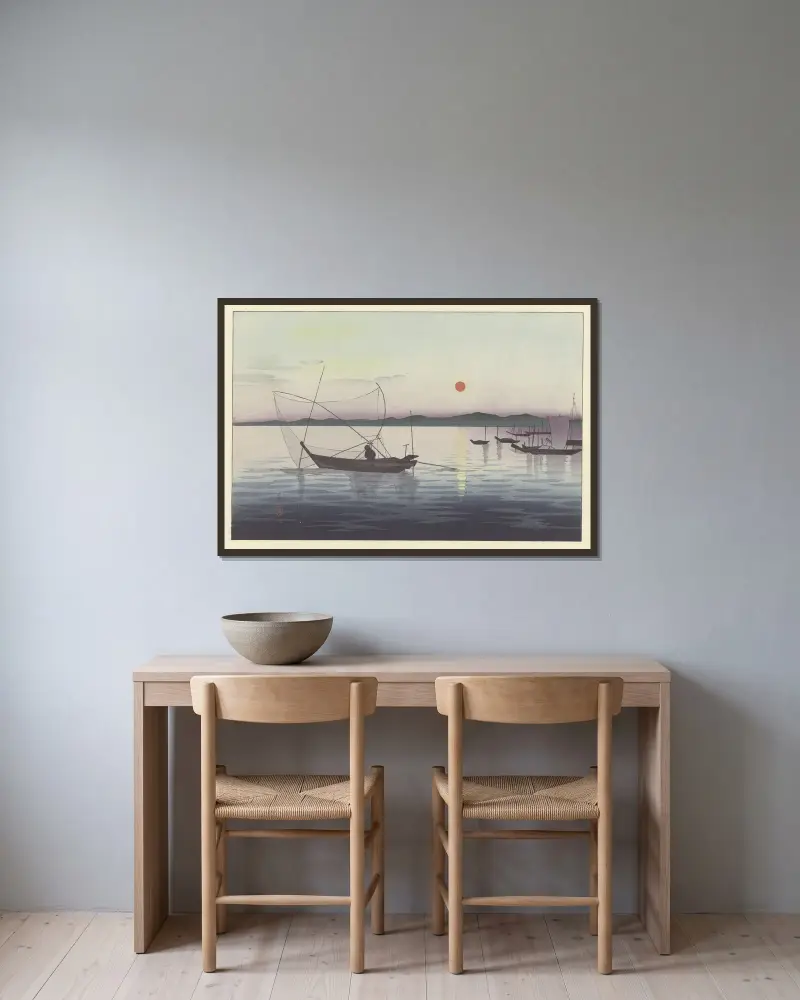 Boote und Sonnenuntergang von Ohara Koson gerahmt an einer Wand