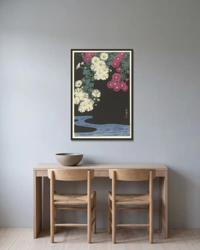 Chryzantémy a tekoucí voda, Ohara Koson v rámu na stěně