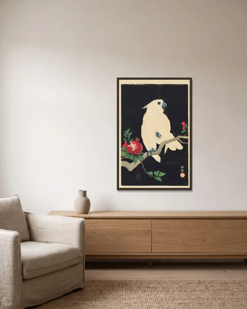 Kakadu a granátové jablko – č. 1, Ohara Koson v rámu na stěně