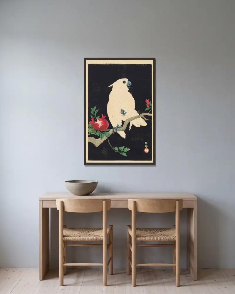 Kakadu a granátové jablko – č. 1, Ohara Koson v rámu na stěně