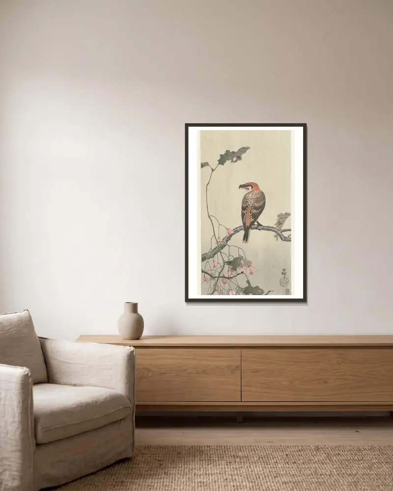 Kreuzschnabel auf Ast von Ohara Koson gerahmt an einer Wand