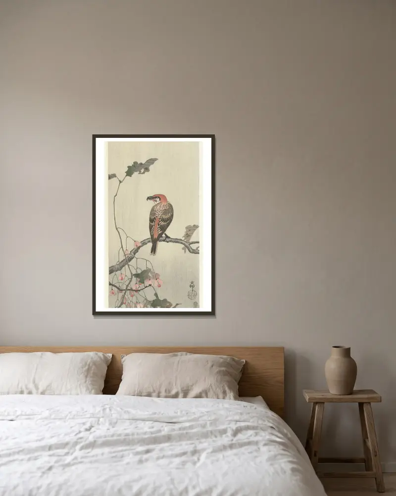 Kreuzschnabel auf Ast von Ohara Koson gerahmt an einer Wand