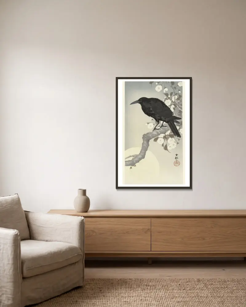Krähe bei Vollmond von Ohara Koson gerahmt an einer Wand