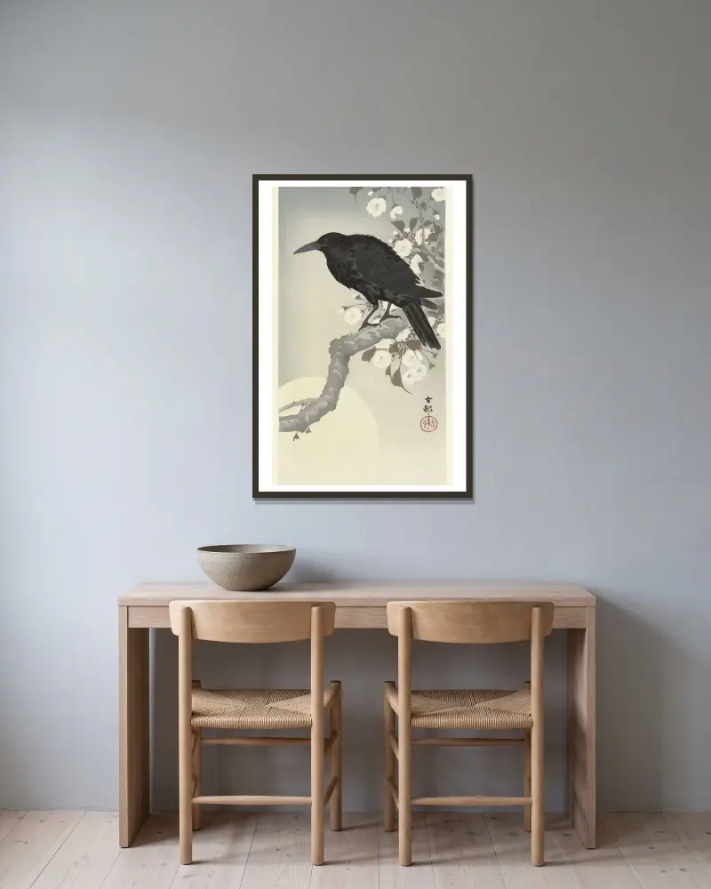 Krähe bei Vollmond von Ohara Koson gerahmt an einer Wand
